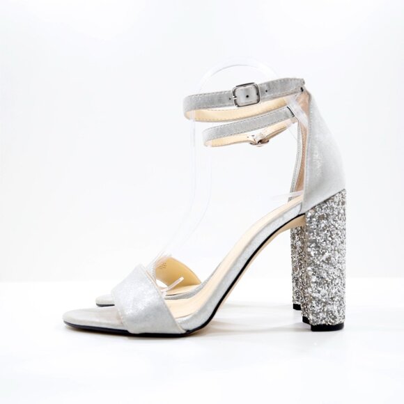 Ivanka Trump Emalyn Silver Leather 4" Glitter Block Heel Dress Sandals - 8 - Picture 1 of 7